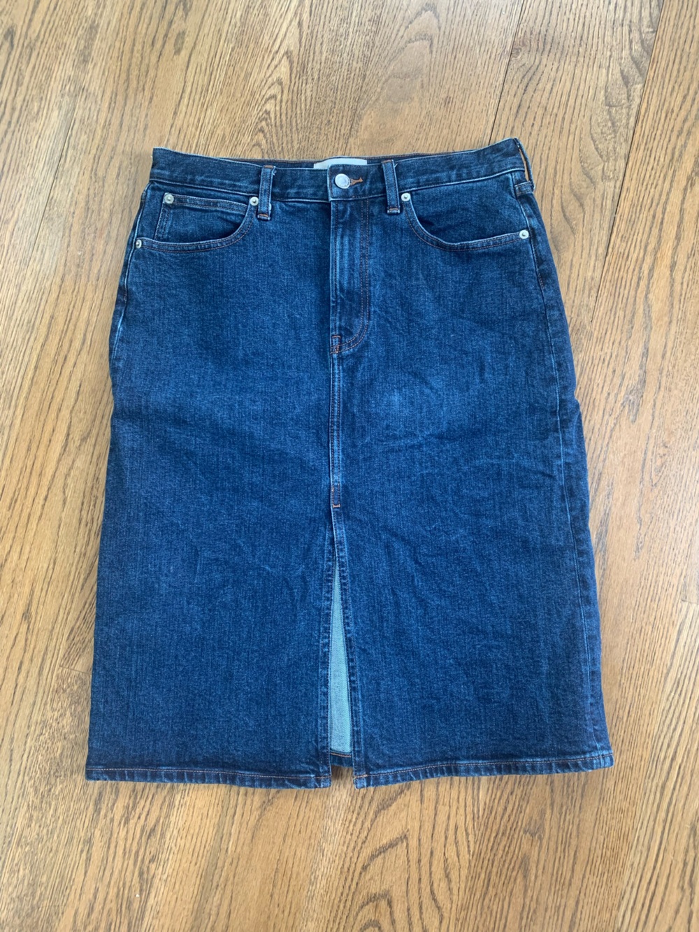 Everlane Dark Blue Denim Skirt with Leather Patch
